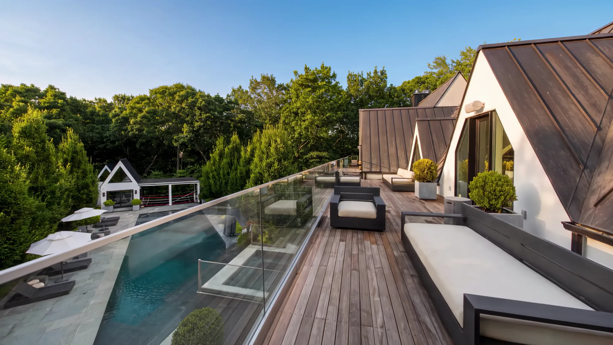 Rooftop deck with a glass-walled plunge pool above the treetops